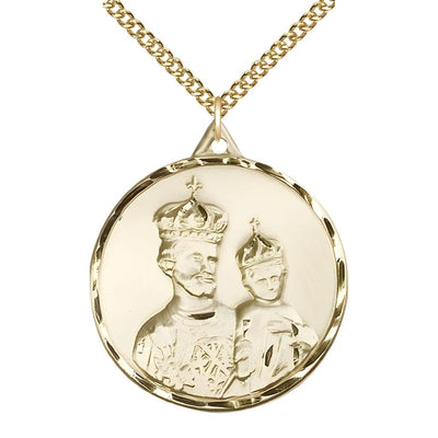 Large St Joseph and Child Jesus Wearing Crowns 14kt Gold-filled Pendant Necklace with Gold-plated Chain, Measures 1 3/8-inch tall by 1 1/8-inch wide, Bliss Manufacturing