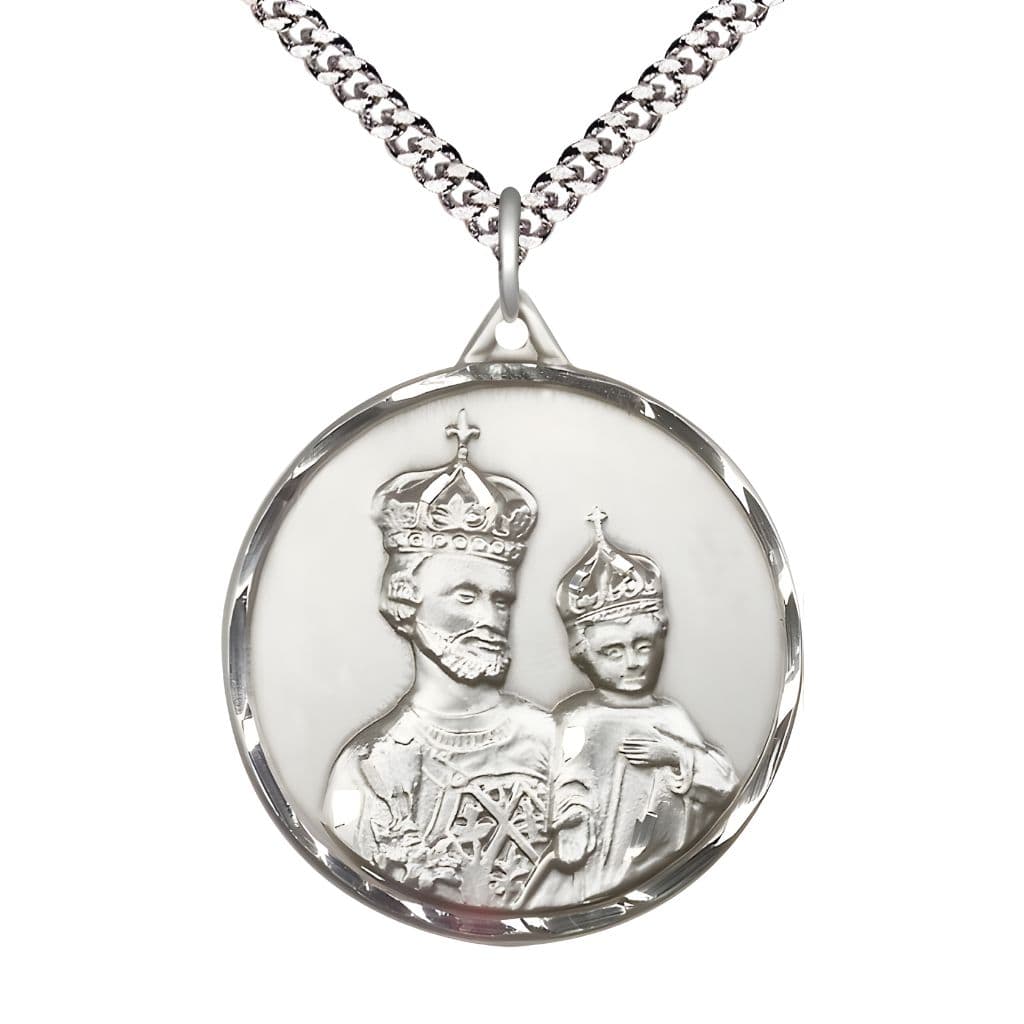 Bliss Large St Joseph and Child Jesus Wearing Crowns Sterling Silver Pendant Necklace with Rhodium-plated Chain, Measures 1 3/8-inch tall by 1 1/8-inch wide.