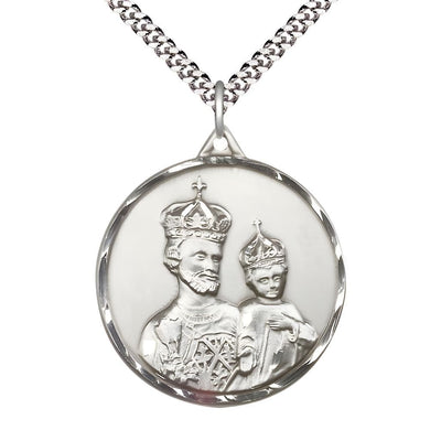 Large St Joseph and Child Jesus Wearing Crowns Sterling Silver Pendant Necklace with Rhodium-plated Chain, Measures 1 3/8-inch tall by 1 1/8-inch wide, Bliss Manufacturing