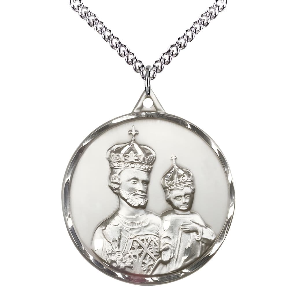 Bliss Large St Joseph and Child Jesus Wearing Crowns Sterling Silver Pendant Necklace with Sterling Silver Chain, Measures 1 3/8-inch tall by 1 1/8-inch wide.