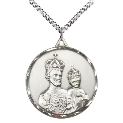 Large St Joseph and Child Jesus Wearing Crowns Sterling Silver Pendant Necklace with Sterling Silver Chain, Measures 1 3/8-inch tall by 1 1/8-inch wide, Bliss Manufacturing