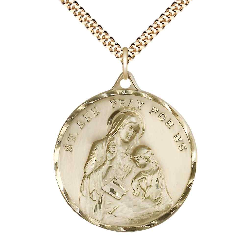 Large St. Ann 14kt Gold-filled Round Pendant Necklace with Gold-plated Chain, Measures 1 3/8-inch tall by 1 1/8-inch wide.
