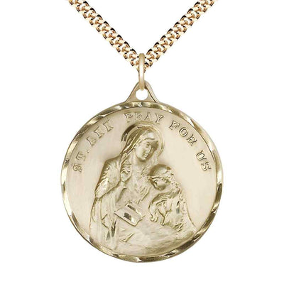 Large St. Ann 14kt Gold-filled Round Pendant Necklace with Gold-plated Chain, Measures 1 3/8-inch tall by 1 1/8-inch wide.