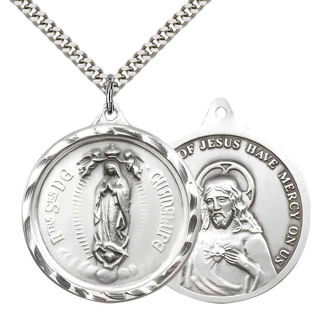 Large Our Lady of Perpetual Help | Sacred Heart of Jesus Sterling Silver Round Pendant Necklace with Rhodium-plated Chain, Measures 1 3/8-inch tall by 1 1/8-inch wide.