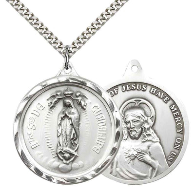Large Our Lady of Perpetual Help | Sacred Heart of Jesus Sterling Silver Round Pendant Necklace with Rhodium-plated Chain, Measures 1 3/8-inch tall by 1 1/8-inch wide.