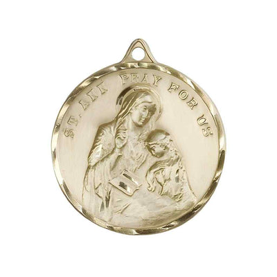 Large St. Ann 14kt Gold Round Pendant and Measures 1 3/8-inch tall by 1 1/8-inch wide.