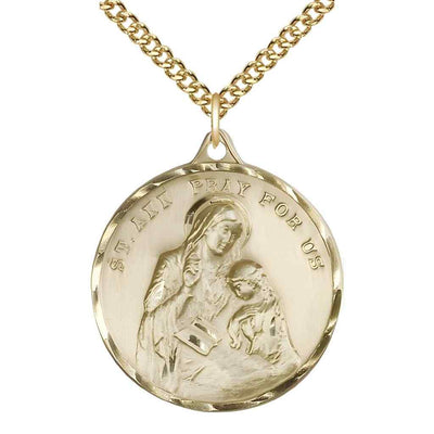 Large St. Ann 14kt Gold Round Pendant Necklace with 14kt Gold Chain, Measures 1 3/8-inch tall by 1 1/8-inch wide.
