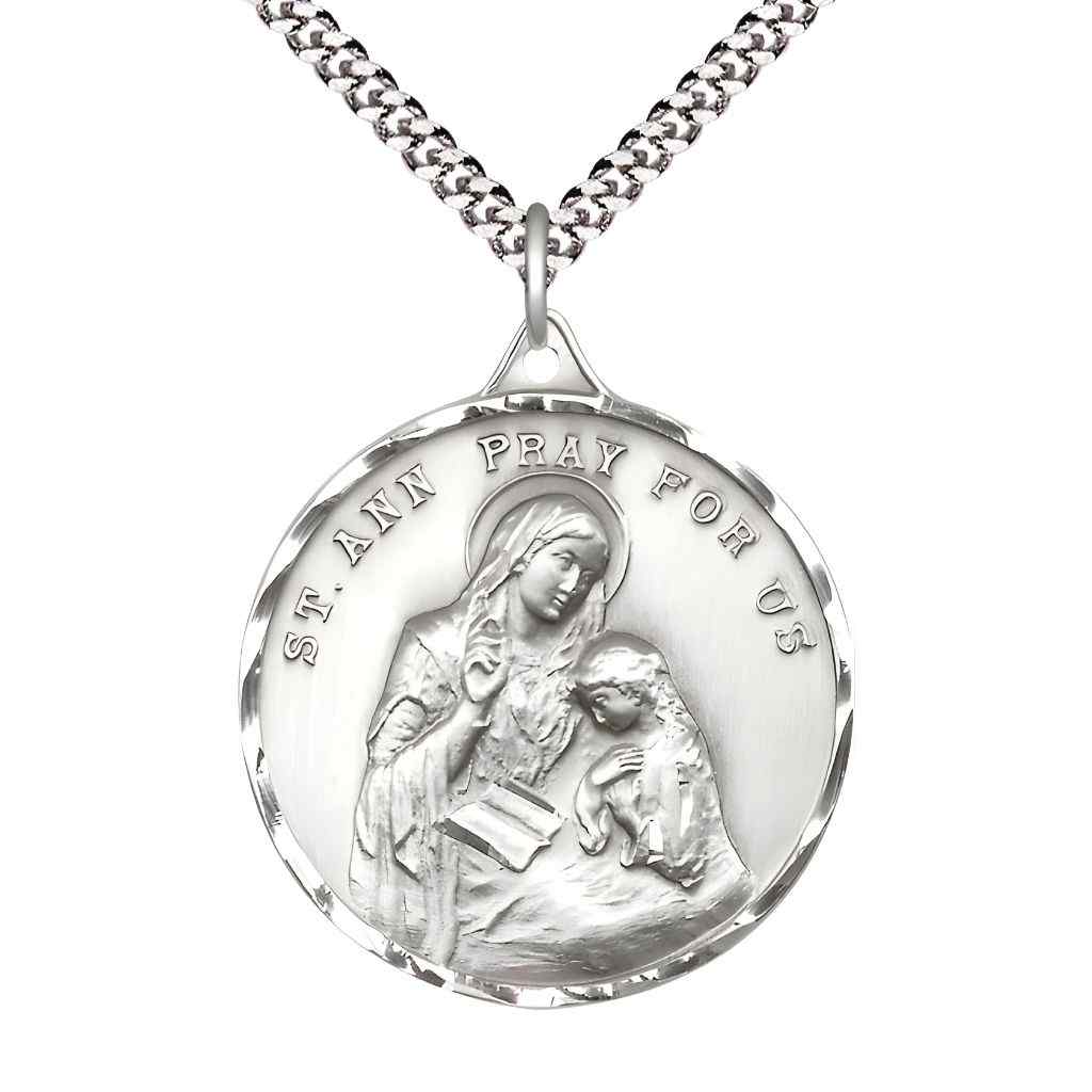Large St. Ann Pewter Round Pendant Necklace with Rhodium-plated Chain, Measures 1 3/8-inch tall by 1 1/8-inch wide.
