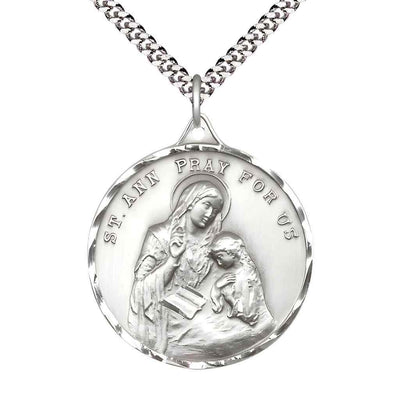Large St. Ann Sterling Silver Round Pendant Necklace with Rhodium-plated Chain, Measures 1 3/8-inch tall by 1 1/8-inch wide.