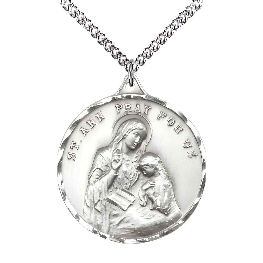 Large St. Ann Sterling Silver Round Pendant Necklace with sterling Silver Chain, Measures 1 3/8-inch tall by 1 1/8-inch wide.