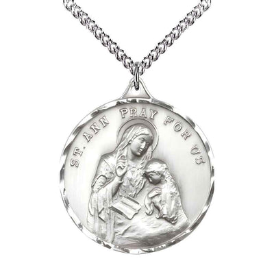 Large St. Ann Sterling Silver Round Pendant Necklace with sterling Silver Chain, Measures 1 3/8-inch tall by 1 1/8-inch wide.