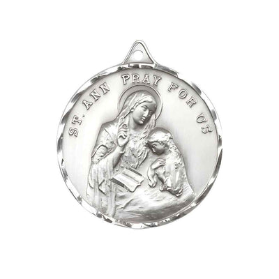 Large St. Ann Sterling Silver Round Pendant and Measures 1 3/8-inch tall by 1 1/8-inch wide.