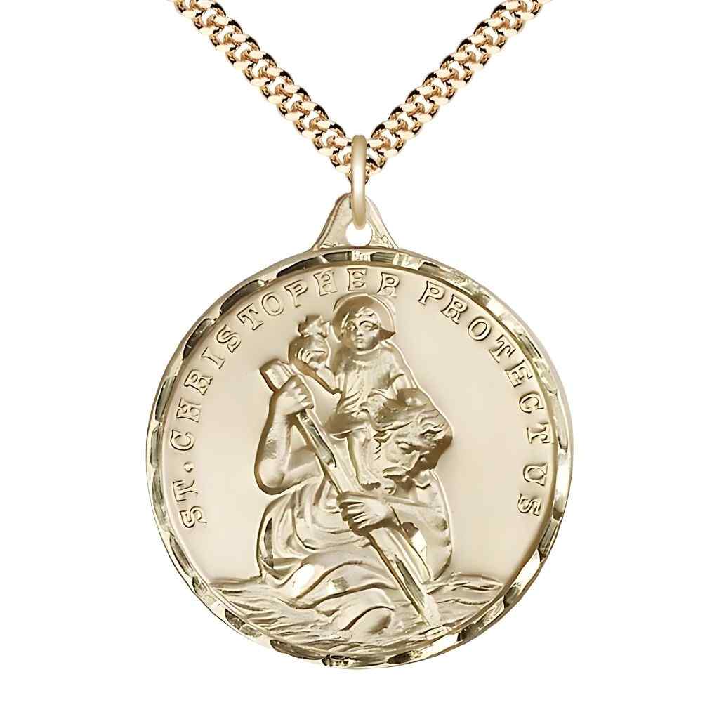 Large St. Christopher and Child Jesus 14kt Gold-filled Round Pendant Necklace with Gold-plated Chain, Measures 1 3/8-inch tall by 1 1/8-inch wide.