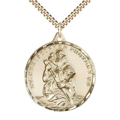 Large St. Christopher and Child Jesus 14kt Gold-filled Round Pendant Necklace with Gold-plated Chain, Measures 1 3/8-inch tall by 1 1/8-inch wide.