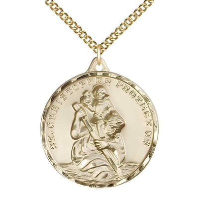Large St. Christopher and Child Jesus 14kt Gold-filled Round Pendant Necklace with Gold-filled Chain, Measures 1 3/8-inch tall by 1 1/8-inch wide.