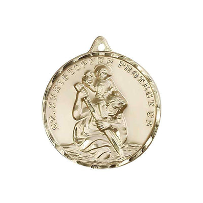 Large St. Christopher and Child Jesus 14kt Gold Round Pendant and Measures 1 3/8-inch tall by 1 1/8-inch wide.