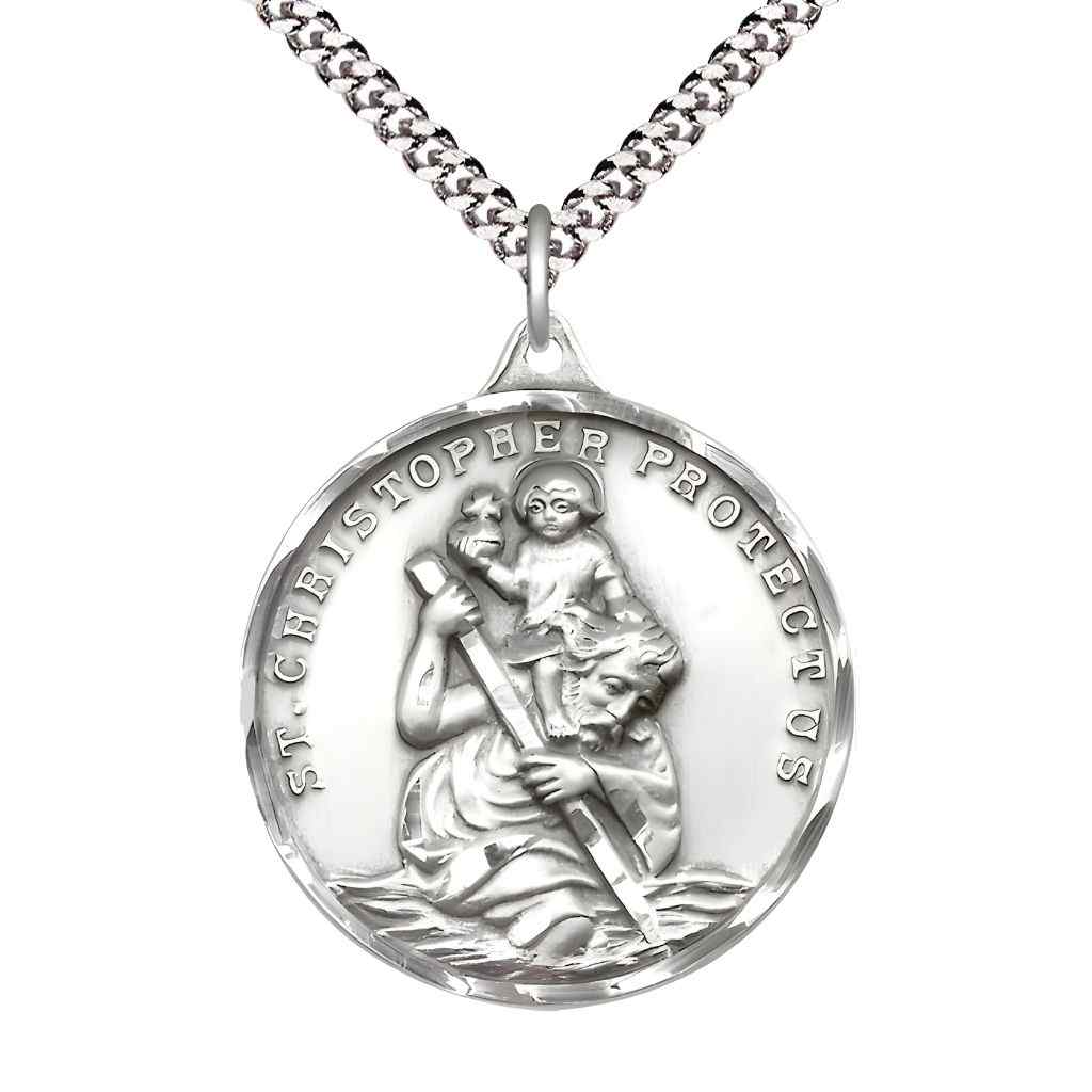 Large St. Christopher and Child Jesus Sterling Silver Round Pendant Necklace with Rhodium-plated Chain, Measures 1 3/8-inch tall by 1 1/8-inch wide.