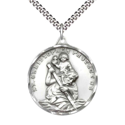 Large St. Christopher and Child Jesus Sterling Silver Round Pendant Necklace with Rhodium-plated Chain, Measures 1 3/8-inch tall by 1 1/8-inch wide.