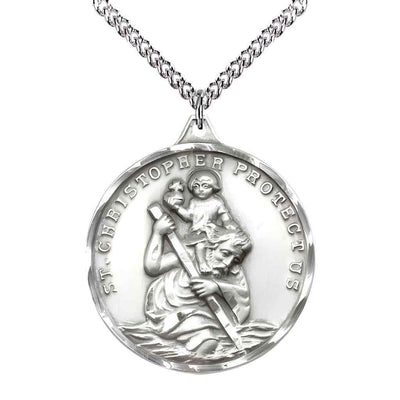 Large St. Christopher and Child Jesus Sterling Silver Round Pendant Necklace with sterling Silver Chain, Measures 1 3/8-inch tall by 1 1/8-inch wide.