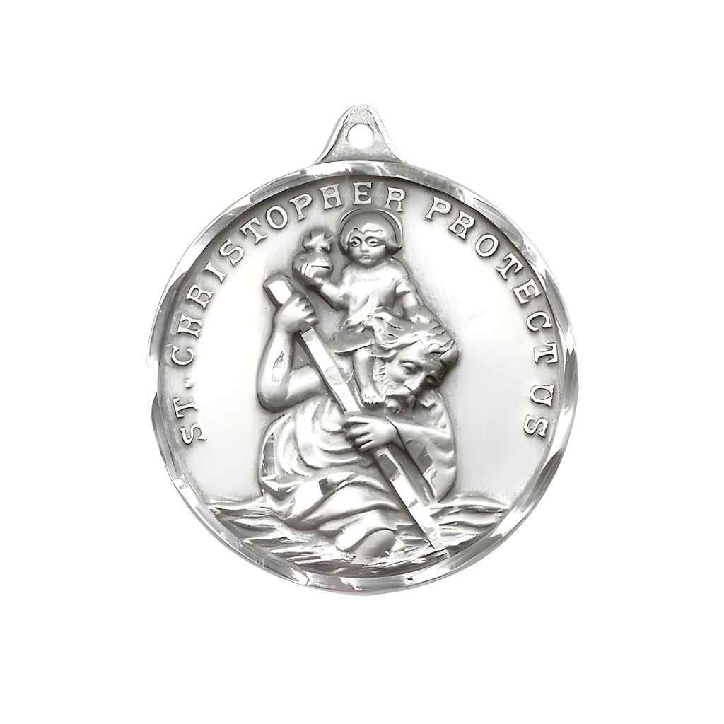Large St. Christopher and Child Jesus Sterling Silver Round Pendant and Measures 1 3/8-inch tall by 1 1/8-inch wide.