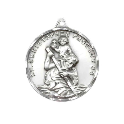 Large St. Christopher and Child Jesus Sterling Silver Round Pendant and Measures 1 3/8-inch tall by 1 1/8-inch wide.