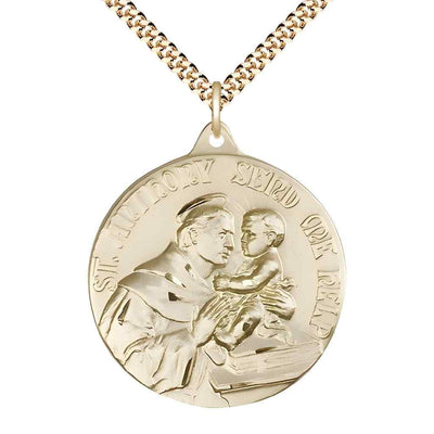 Large St. Anthony of Padua 14kt Gold-filled Round Pendant Necklace with Gold-plated Chain, Measures 1 3/8-inch tall by 1 1/8-inch wide.