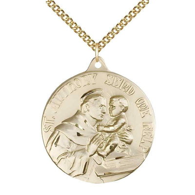 Large St. Anthony of Padua 14kt Gold-filled Round Pendant Necklace with Gold-filled Chain, Measures 1 3/8-inch tall by 1 1/8-inch wide.