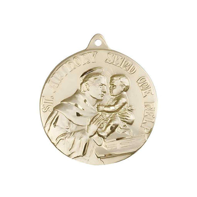 Large St. Anthony of Padua 14kt Gold Round Pendant and Measures 1 3/8-inch tall by 1 1/8-inch wide.