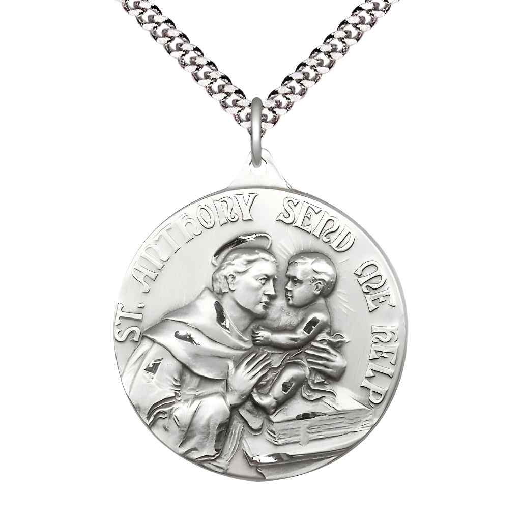 Large St. Anthony of Padua Pewter Round Pendant Necklace with Rhodium-plated Chain, Measures 1 3/8-inch tall by 1 1/8-inch wide.
