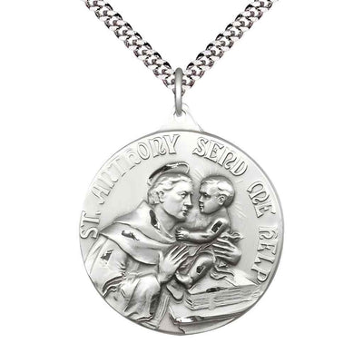 Large St. Anthony of Padua Sterling Silver Round Pendant Necklace with Rhodium-plated Chain, Measures 1 3/8-inch tall by 1 1/8-inch wide.