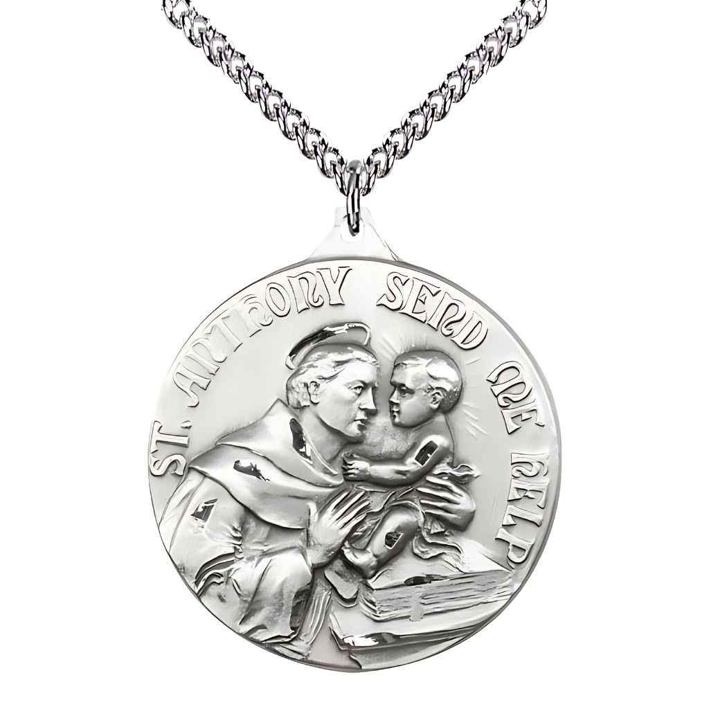 Large St. Anthony of Padua Sterling Silver Round Pendant Necklace with sterling Silver Chain, Measures 1 3/8-inch tall by 1 1/8-inch wide.