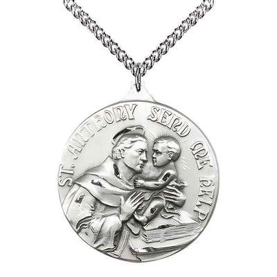 Large St. Anthony of Padua Sterling Silver Round Pendant Necklace with sterling Silver Chain, Measures 1 3/8-inch tall by 1 1/8-inch wide.