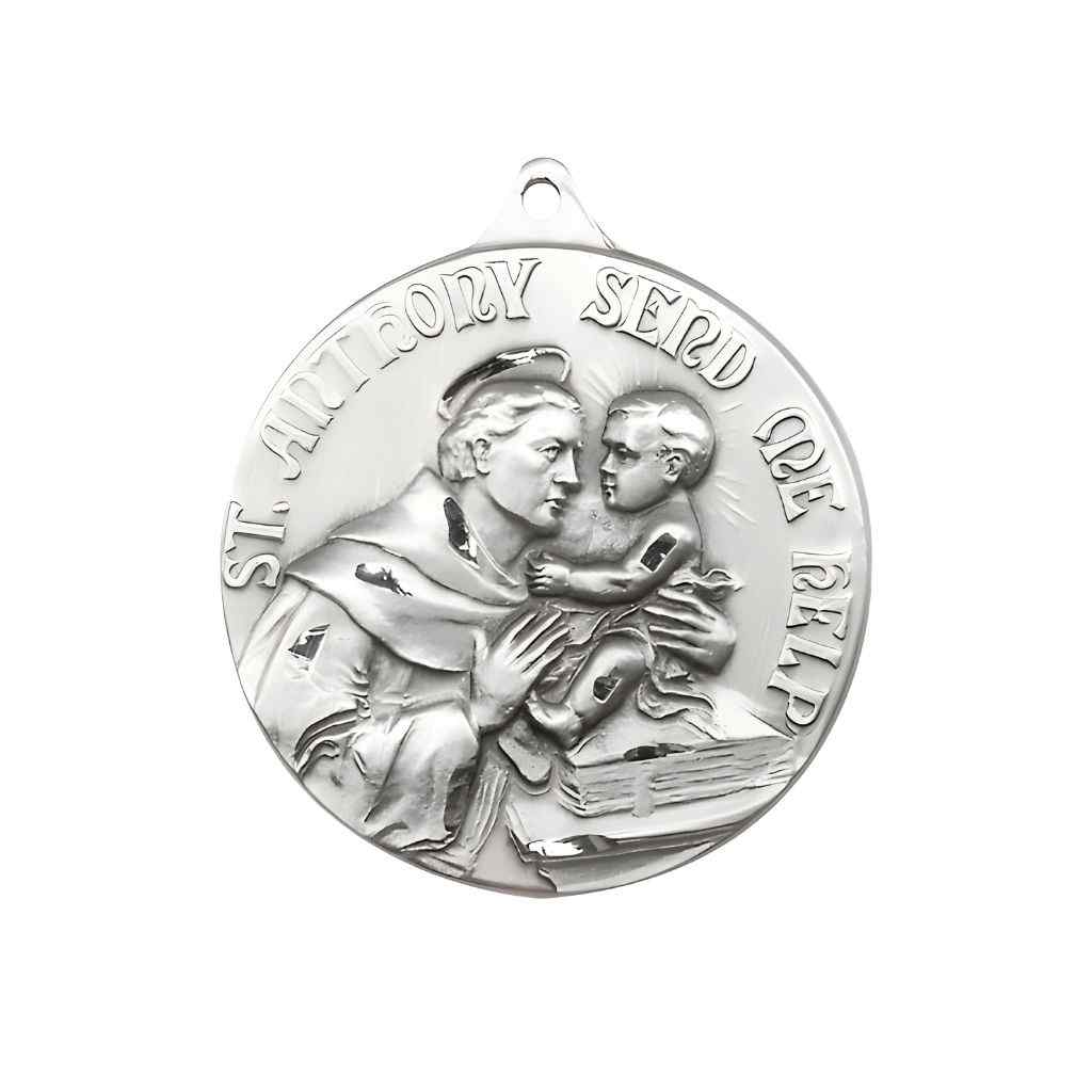 Large St. Anthony of Padua Sterling Silver Round Pendant and Measures 1 3/8-inch tall by 1 1/8-inch wide.