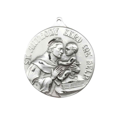 Large St. Anthony of Padua Sterling Silver Round Pendant and Measures 1 3/8-inch tall by 1 1/8-inch wide.
