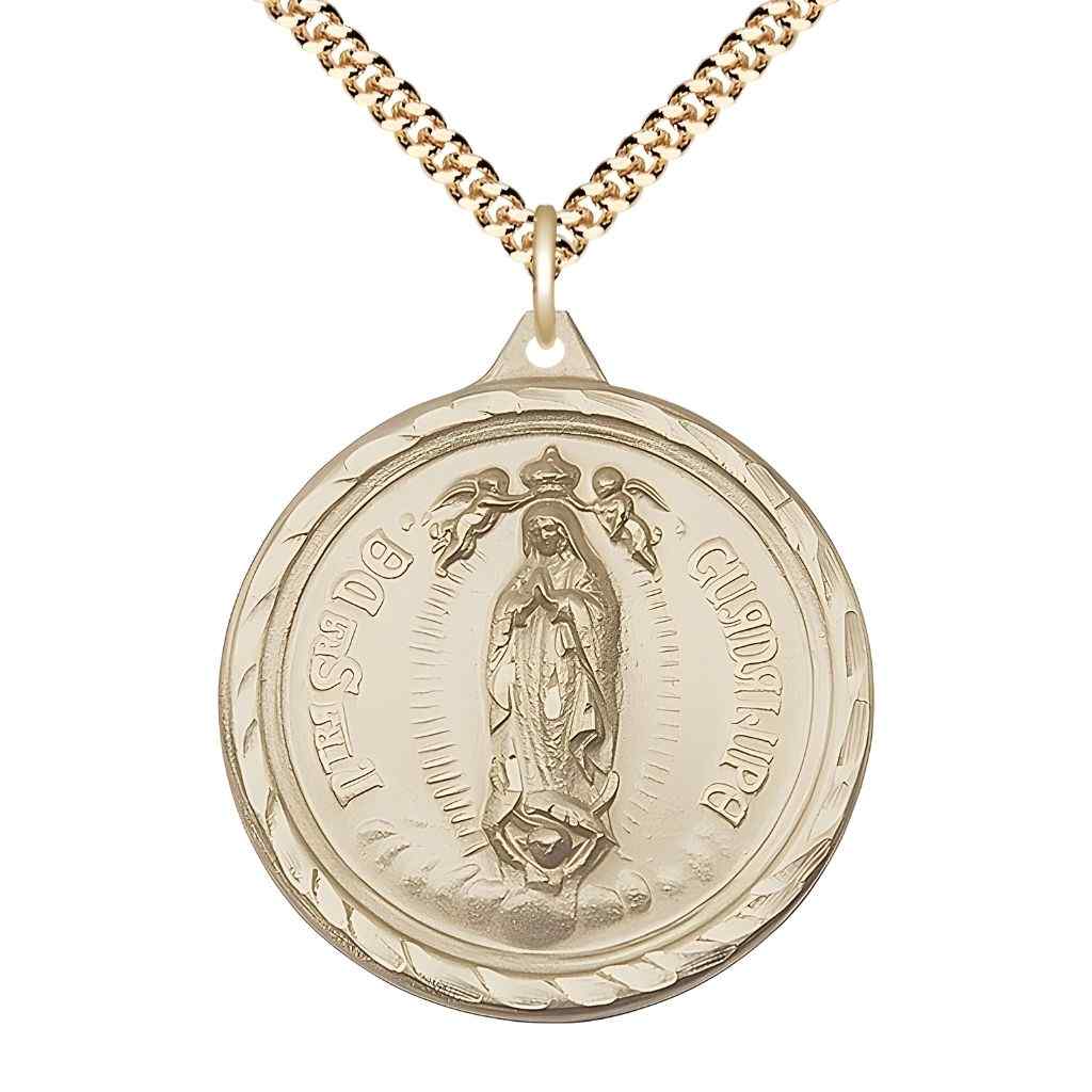 Large Our Lady of Perpetual Help | Sacred Heart of Jesus 14kt Gold-filled Round Pendant Necklace with Gold-plated Chain, Measures 1 3/8-inch tall by 1 1/8-inch wide.