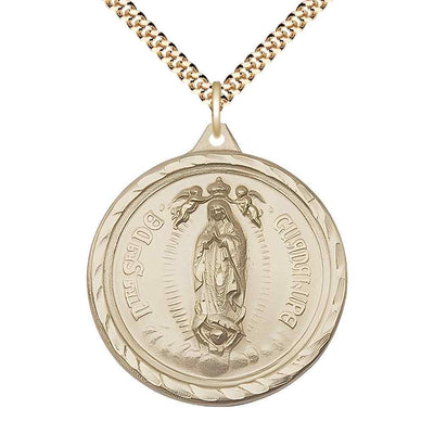 Large Our Lady of Perpetual Help | Sacred Heart of Jesus 14kt Gold-filled Round Pendant Necklace with Gold-plated Chain, Measures 1 3/8-inch tall by 1 1/8-inch wide.