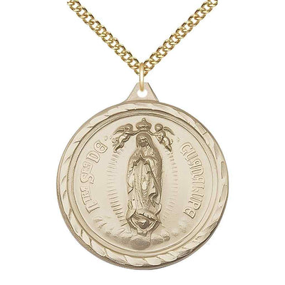 Large Our Lady of Perpetual Help | Sacred Heart of Jesus 14kt Gold-filled Round Pendant Necklace with Gold-filled Chain, Measures 1 3/8-inch tall by 1 1/8-inch wide.