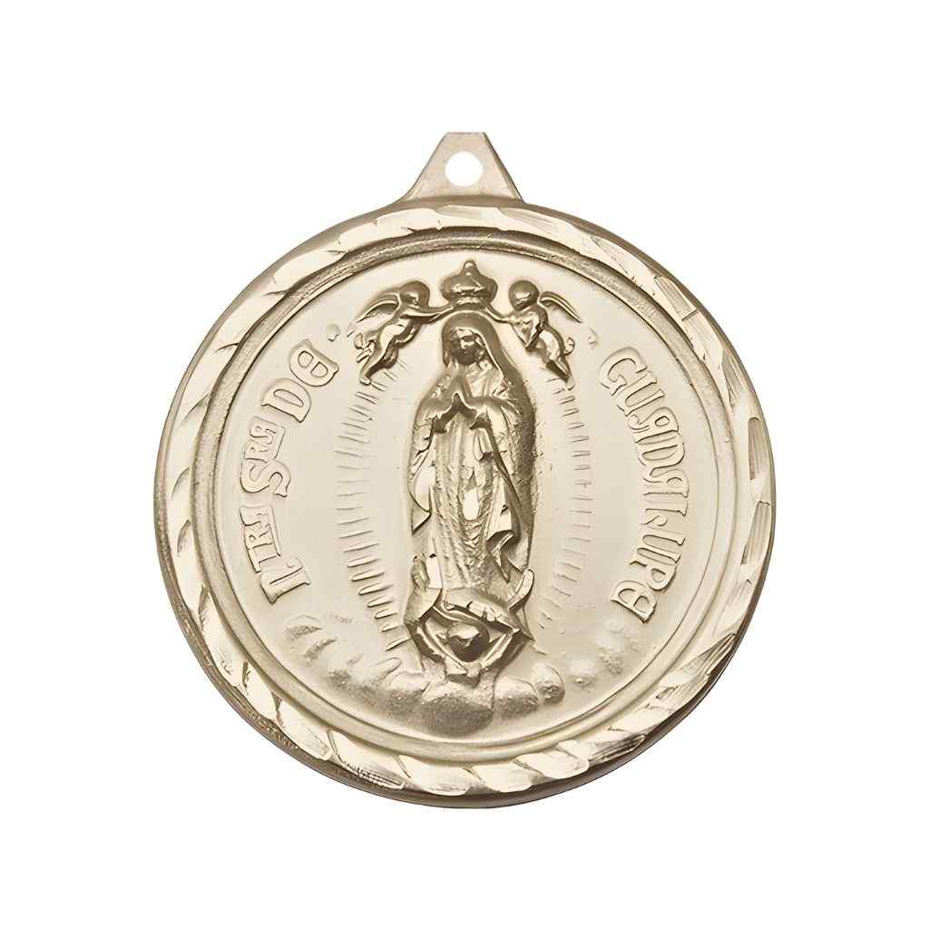 Large Our Lady of Perpetual Help | Sacred Heart of Jesus 14kt Gold Round Pendant Measures 1 3/8-inch tall by 1 1/8-inch wide.
