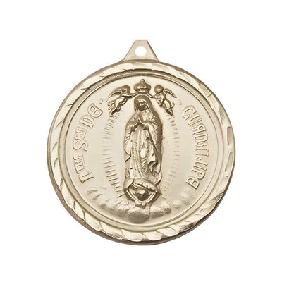 Large Our Lady of Perpetual Help | Sacred Heart of Jesus 14kt Gold Round Pendant Measures 1 3/8-inch tall by 1 1/8-inch wide.