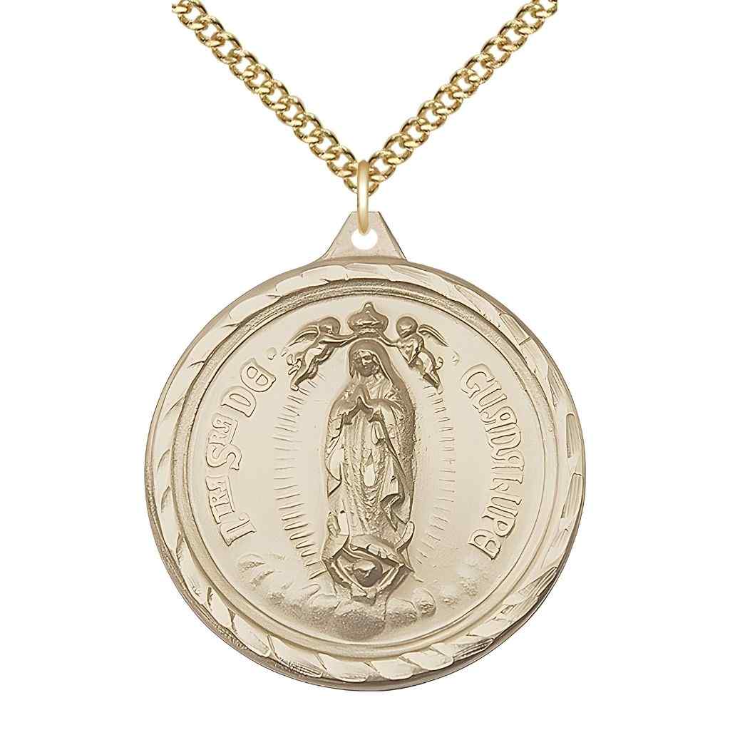 Large Our Lady of Perpetual Help | Sacred Heart of Jesus 14kt Gold Round Pendant Necklace with 14kt Gold Chain, Measures 1 3/8-inch tall by 1 1/8-inch wide.