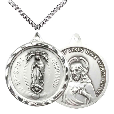 Large Our Lady of Perpetual Help | Sacred Heart of Jesus Sterling Silver Round Pendant Necklace with sterling Silver Chain, Measures 1 3/8-inch tall by 1 1/8-inch wide.