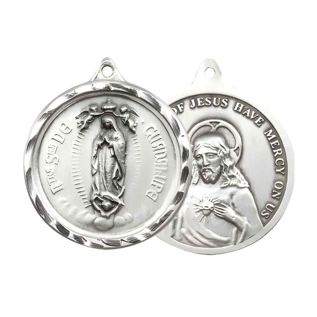 Large Our Lady of Perpetual Help | Sacred Heart of Jesus Sterling Silver Round Pendant Medal.