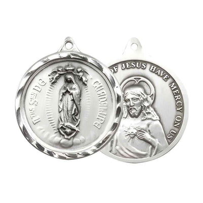 Large Our Lady of Perpetual Help | Sacred Heart of Jesus Sterling Silver Round Pendant Medal.