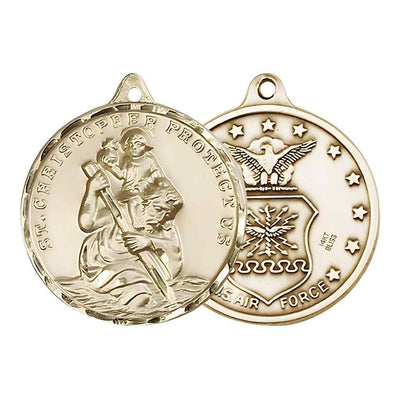 Large St. Christopher | Air Force 14kt Gold-filled Round Pendant and Measures 1 3/8-inch tall by 1 1/8-inch wide.