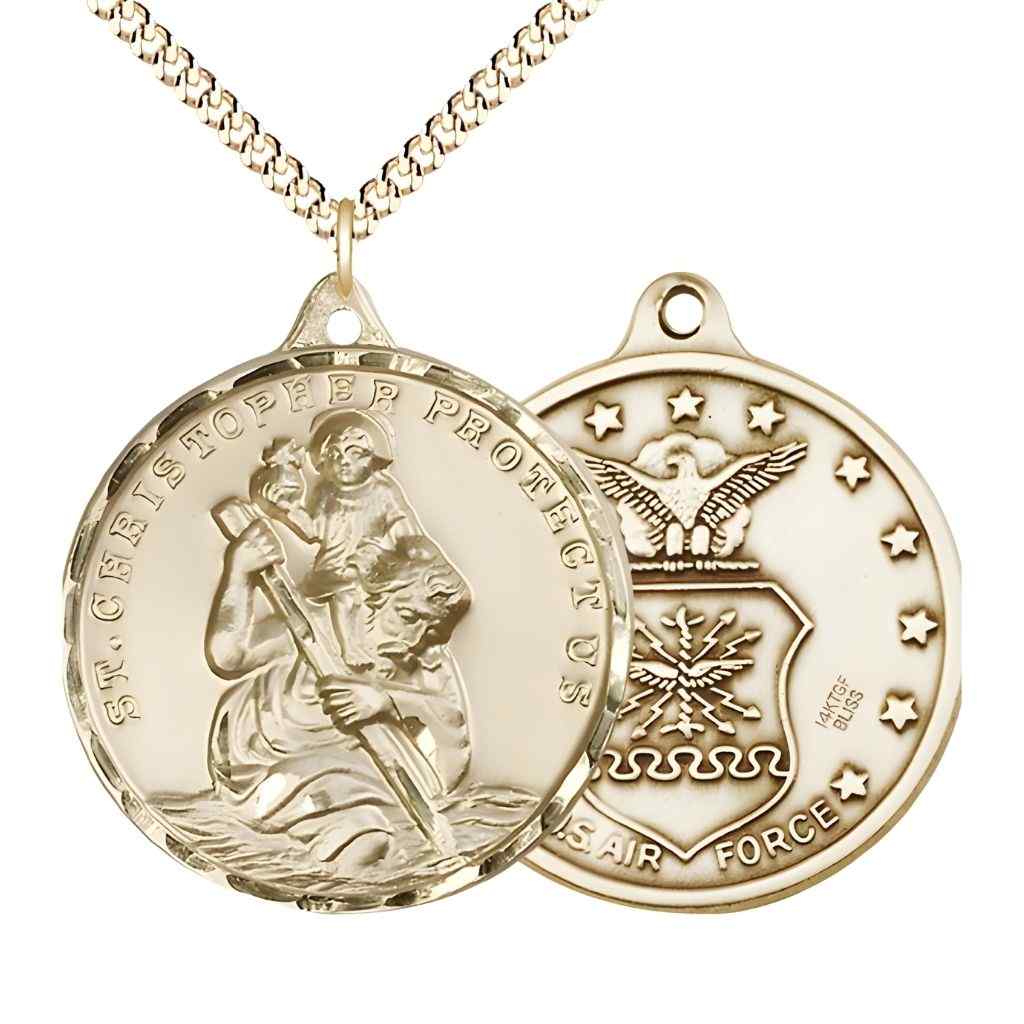 Large St. Christopher | Air Force 14kt Gold-filled Round Pendant Necklace with Gold-plated Chain, Measures 1 3/8-inch tall by 1 1/8-inch wide.