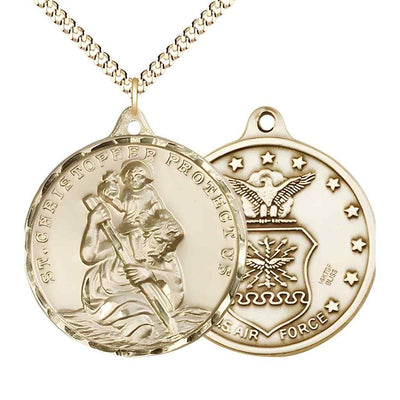 Large St. Christopher | Air Force 14kt Gold-filled Round Pendant Necklace with Gold-plated Chain, Measures 1 3/8-inch tall by 1 1/8-inch wide.
