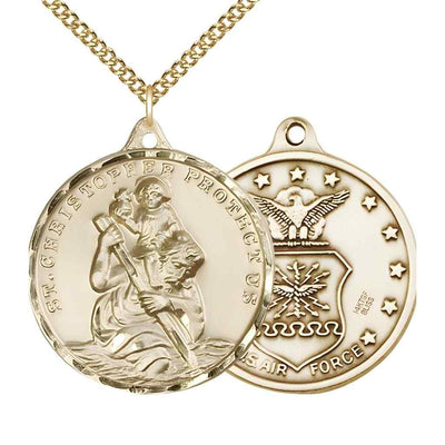 Large St. Christopher | Air Force 14kt Gold-filled Round Pendant Necklace with Gold-filled Chain, Measures 1 3/8-inch tall by 1 1/8-inch wide.
