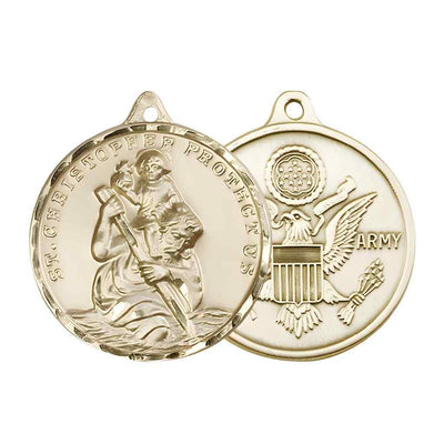 Large St. Christopher | Army 14kt Gold-filled Round Pendant and Measures 1 3/8-inch tall by 1 1/8-inch wide.