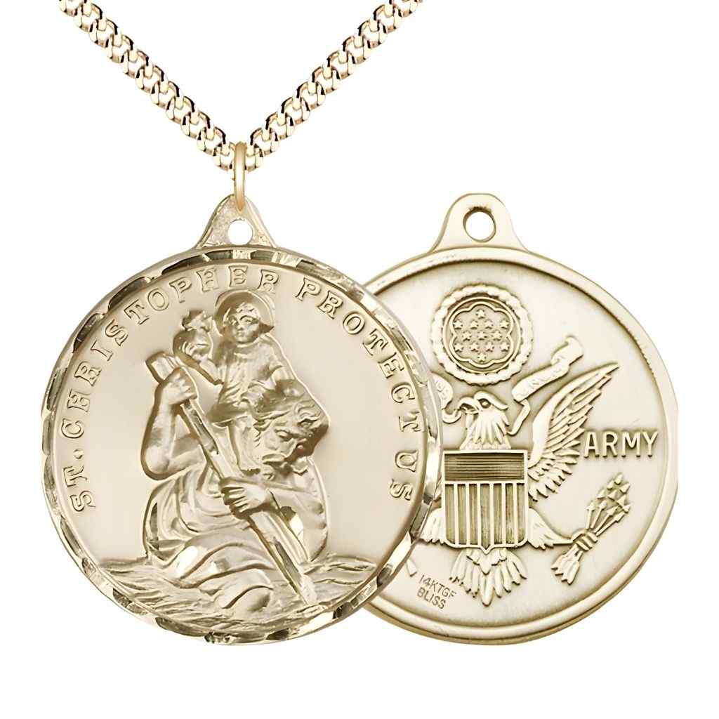 Large St. Christopher | Army 14kt Gold-filled Round Pendant Necklace with Gold-plated Chain, Measures 1 3/8-inch tall by 1 1/8-inch wide.