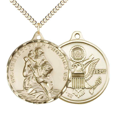 Large St. Christopher | Army 14kt Gold-filled Round Pendant Necklace with Gold-plated Chain, Measures 1 3/8-inch tall by 1 1/8-inch wide.